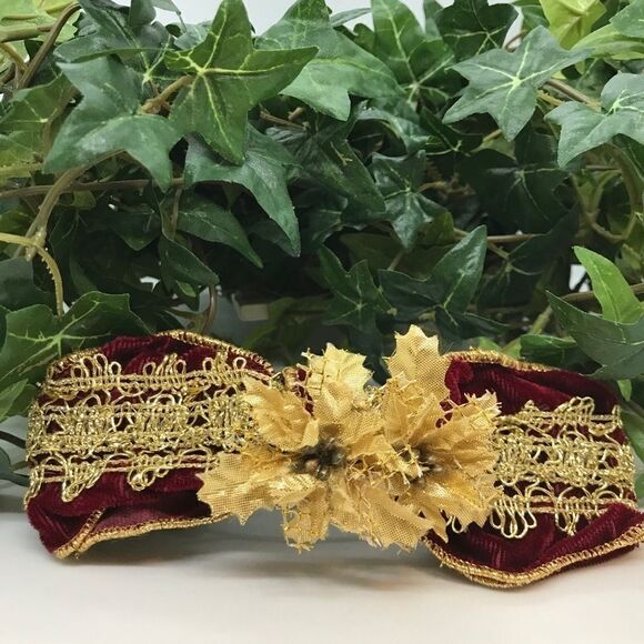 Velveteen Bow Barrette Gold Burgundy Vintage 1980s main image 6